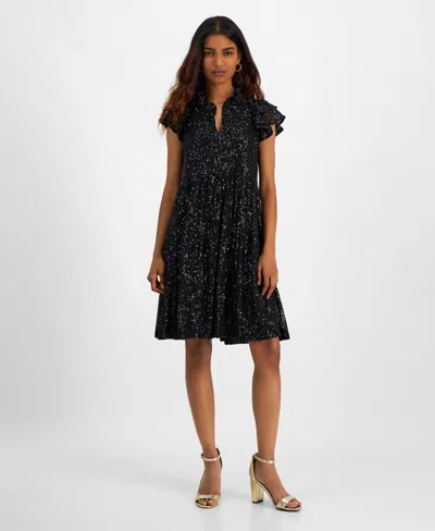 Robbie Bee Robbe Bee Petite Sequined Tiered A-line Dress In Black