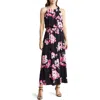 Robbie Bee Plus Size Floral-print Pleat-neck Jersey Dress In Navy/pink