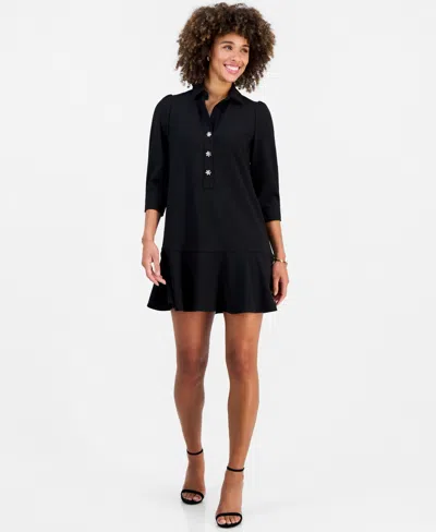 Robbie Bee Women's Collared 3/4-sleeve Flared-hem Dress In Black