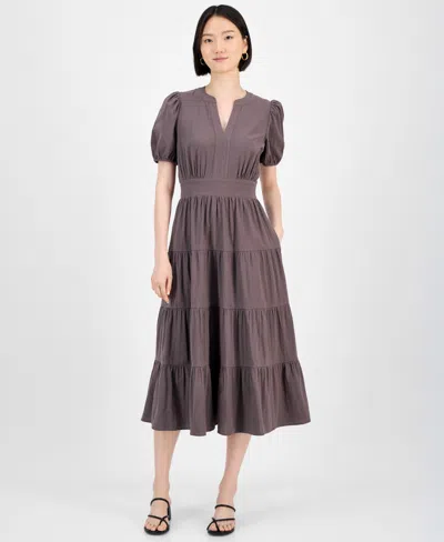 Robbie Bee Women's Cotton Puff-sleeve Tiered Midi Dress In Brown