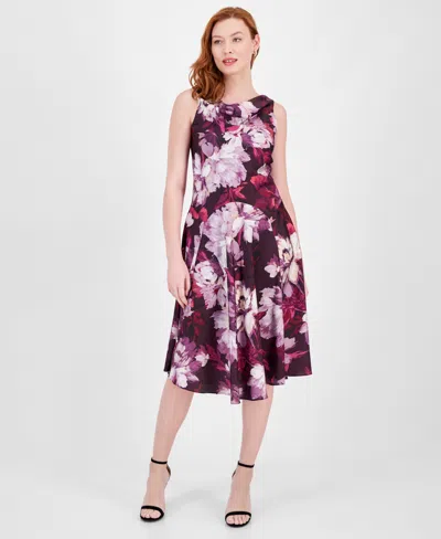 Robbie Bee Women's Floral-print Cowl-neck Fit & Flare Dress In Plum Multi |  ModeSens