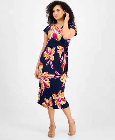Robbie Bee Women's Floral Tie-waist Short-sleeve Midi Dress In Navy Multi