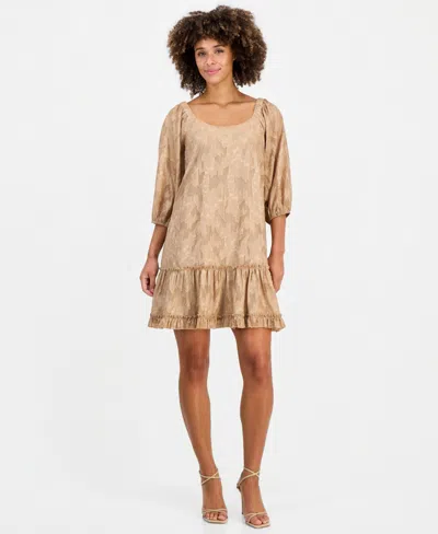 Robbie Bee Women's Floral-burnout Scoop Neck Ruffle-hem A-line Dress In Brown