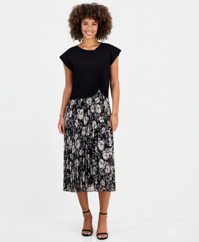Robbie Bee Women's Floral-print Pleated A-line Midi Dress In Black,beige