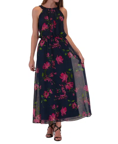 Robbie Bee Women's Halter Blouson Sleeveless Maxi Dress In Navy Multi
