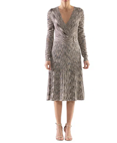 Robbie Bee Women's Long-sleeve Knit Belted Dress In Tan Multi