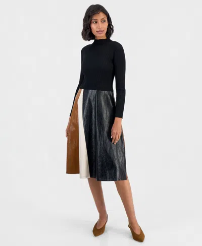 Robbie Bee Women's Long Sleeve Mockneck A-line Midi Dress In Black
