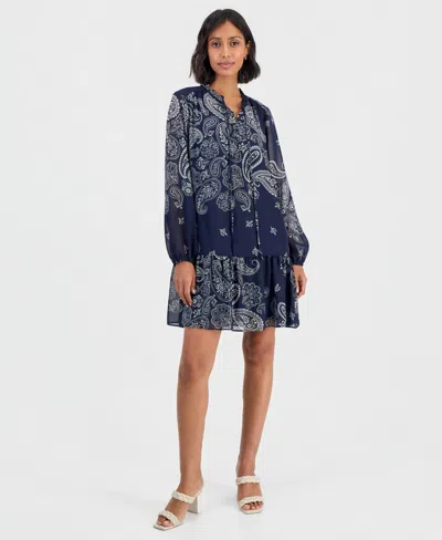 Robbie Bee Women's Long-sleeve Tiered Chiffon Mini Dress In Navy Ivory