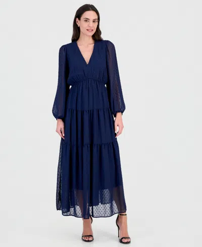 Robbie Bee Women's Long-sleeve V-neck Tiered Maxi Dress In Blue