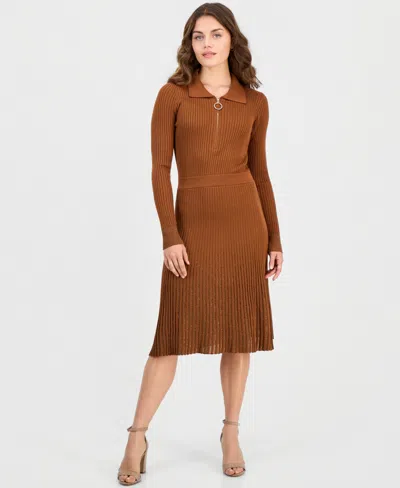 Robbie Bee Women's Lurex Ribbed-knit Zip-front Midi Dress In Luggage.gold