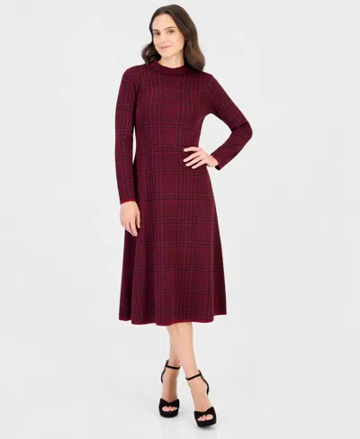 Robbie Bee Women's Mock Neck Long-sleeve Plaid Sweater Dress In Red Black