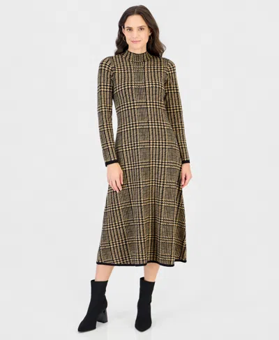 Robbie Bee Women's Mock Neck Long-sleeve Plaid Sweater Dress In Tan Black