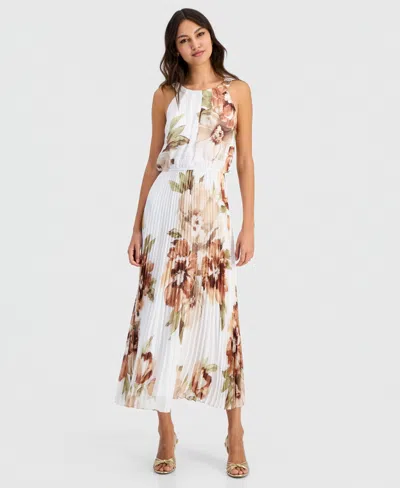 Robbie Bee Women's Pleated Floral Print Maxi Dress In White