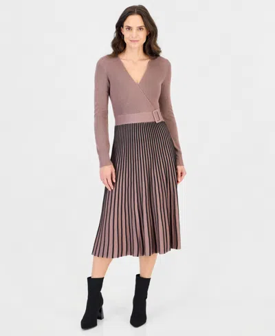 Robbie Bee Women's Pleated-skirt Long-sleeve Dress In Mocha Black