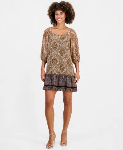 Robbie Bee Women's Printed 3/4-sleeve A-line Dress In Black,brown