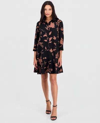 Robbie Bee Women's Printed 3/4-sleeve Shirtdress In Black,brown