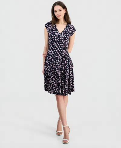 Robbie Bee Women's Printed Cap-sleeve A-line Dress In Blue