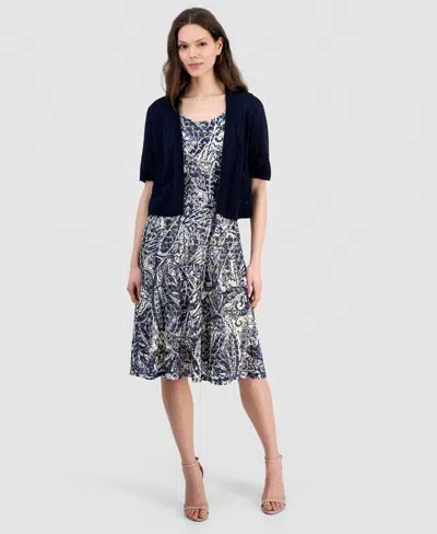 Robbie Bee Women's Printed Dress & Pointelle Shrug Set In Multi