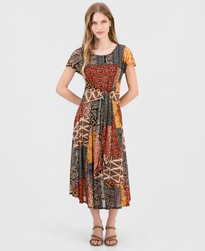 Robbie Bee Women's Printed Extended-sleeve Tie-waist Dress In Multi