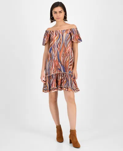 Robbie Bee Women's Printed Off-the-shoulder Dress In Brown