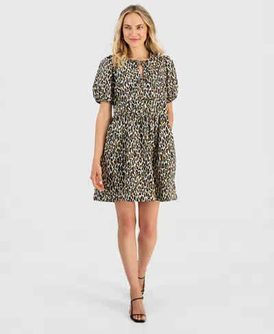 Robbie Bee Women's Printed Puff-sleeve Cotton Mini Dress In Brown