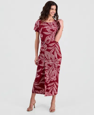 Robbie Bee Women's Printed Round-neck Faux-wrap Dress In Red