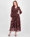 Robbie Bee Women's Printed V-neck Long-sleeve Dress In Black,mult
