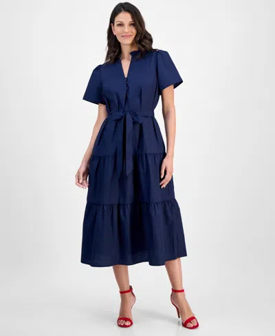 Robbie Bee Women's Puff-sleeve Tiered Midi Dress In Blue