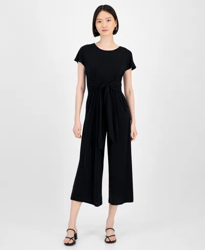 Robbie Bee Women's Round-neck Tie-waist Jumpsuit In Black