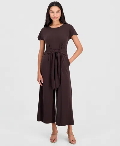 Robbie Bee Women's Round-neck Tie-waist Jumpsuit In Chocolate
