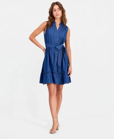 Robbie Bee Women's Sleeveless Tiered Mini Shirtdress In Blue