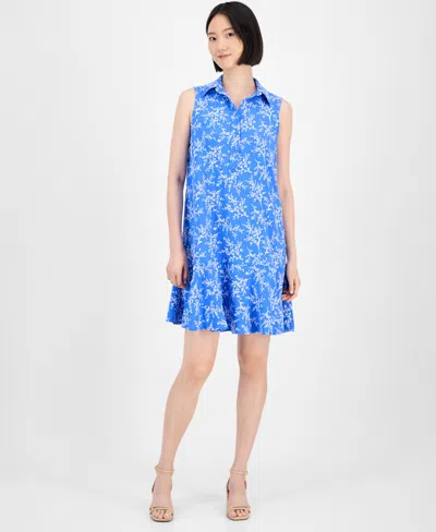 Robbie Bee Women's Spread-collar A-line Sleeveless Dress In Blue