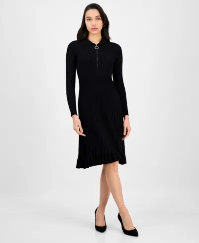 Robbie Bee Women's Spread-collar Long-sleeve Sweater Dress In Black