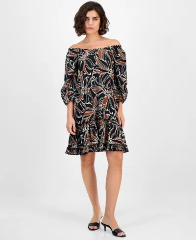 Robbie Bee Women's Square-neck Ruffle-trim 3/4-sleeve Dress In Multi