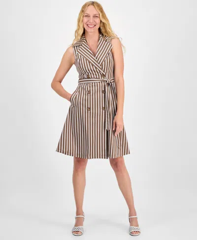 Robbie Bee Women's Striped Belted Sleeveless Fit & Flare Dress In Brown