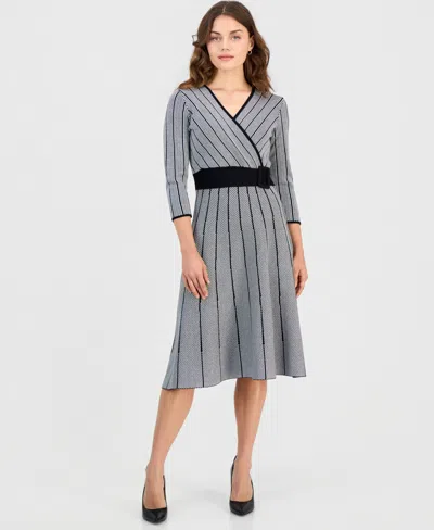 Robbie Bee Women's Surplice Jacquard Belted V-neck 3/4 Sleeve Fit & Flare Midi Dress In Black.white
