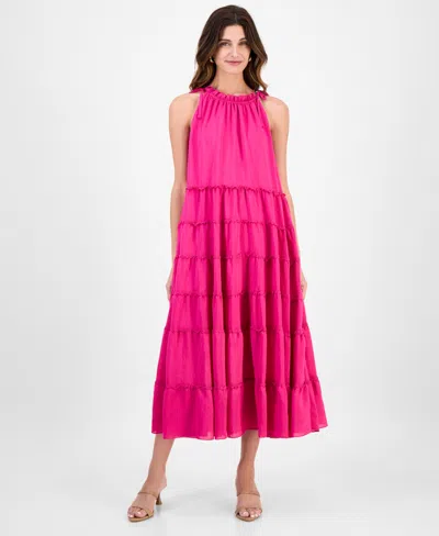Robbie Bee Women's Tiered Ruffled-neck Midi Dress In Pink