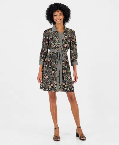 Robbie Bee Women's Twin Print Belted Shirtdress In Black,brown,olive