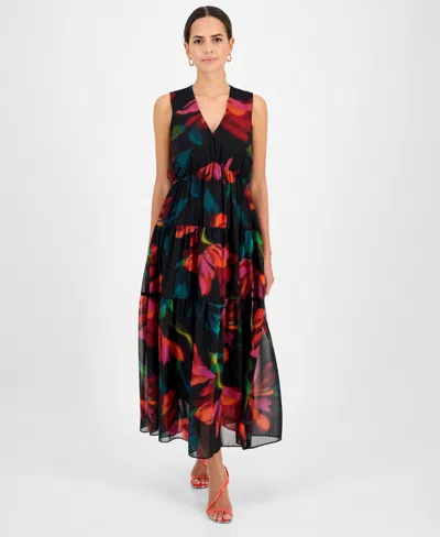 Robbie Bee Women's V-neck Sleeveless Tiered Dress In Black,mult