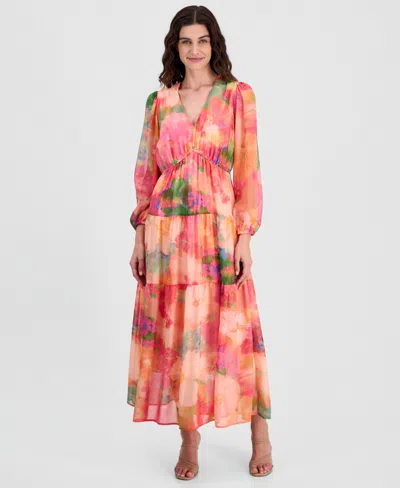 Robbie Bee Women's V-neck Long-sleeve Maxi Dress In Multi
