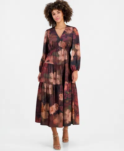 Robbie Bee Women's V-neck Long-sleeve Tiered Maxi Dress In Brown Rust