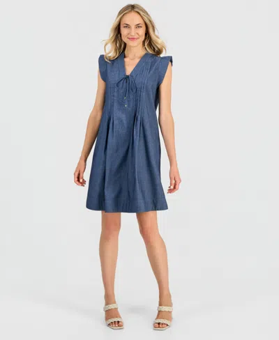 Robbie Bee Women's V-neck Pintuck Shift Dress In Blue