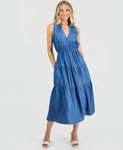 Robbie Bee Women's V-neck Sleeveless Tiered Midi Dress In Blue