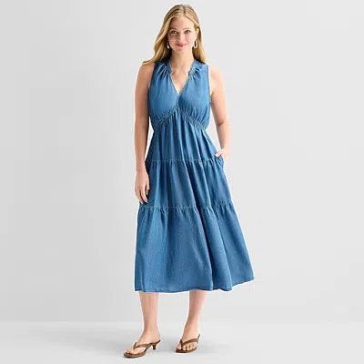 Robbie Bee Womens Midi V Neck Sleeveless Fit + Flare Dress In Blue