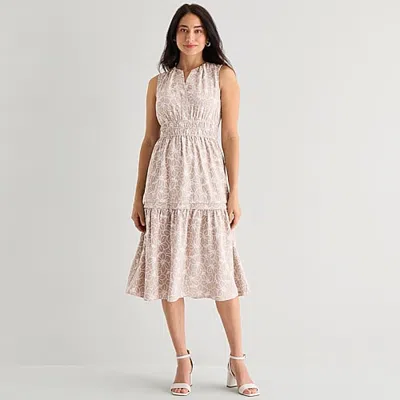 Robbie Bee Womens Midi V Neck Sleeveless Floral Fit + Flare Dress In Beige