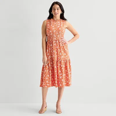 Robbie Bee Womens Midi V Neck Sleeveless Floral Fit + Flare Dress In Orange