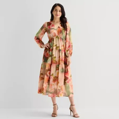 Robbie Bee Womens Petite V Neck Long Sleeve Puffed Maxi Dress In Multi