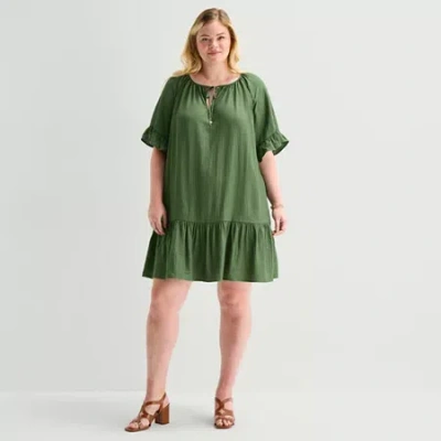 Robbie Bee Womens Plus Keyhole Neck Short Sleeve Shift Dress In Green