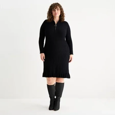 Robbie Bee Womens Plus Long Sleeve Midi Sweater Dress In Black
