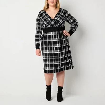 Robbie Bee Womens Plus Long Sleeve Plaid Midi Sweater Dress In Black